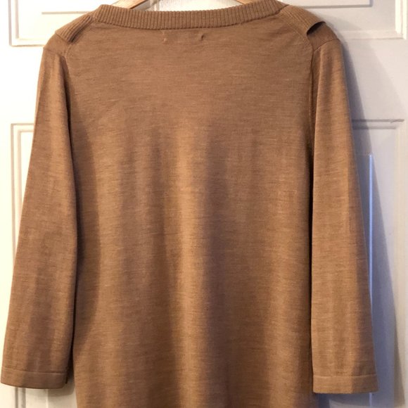 Banana Republic Extra Merino Wool Sz L Women's Sweater Faux Wrap Ruffle Camel - Picture 6 of 9